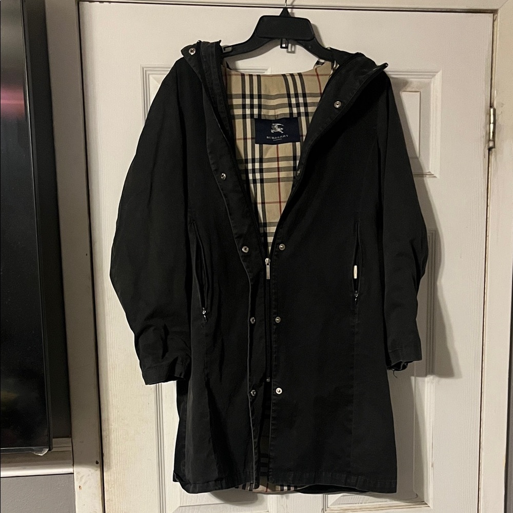 Burberry Black Hooded Trench Coat with Check Lining
